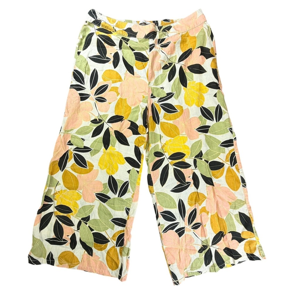 Rachel Zoe Pants Women XL Multicolor Floral 100% Linen Wide Leg Crop Trousers